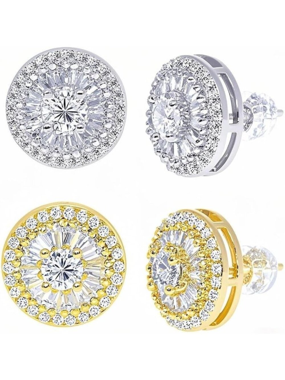 18K Gold Plated CZ Stud Earrings Set for Men & Women - Iced Out Halo Design (2